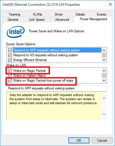 4. Click the Power Management tag, and check the following two options accordingly Wake on Magic Packet Nuvo-5000 series can wake from S5 state when receiving a magic packet.