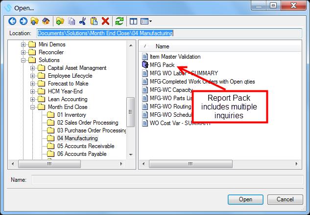 Working with Report Packs 504.2 Overview Reports can be organized into Report Packs for convenience. A report pack consists of a group of inquiries (from one or more modules).