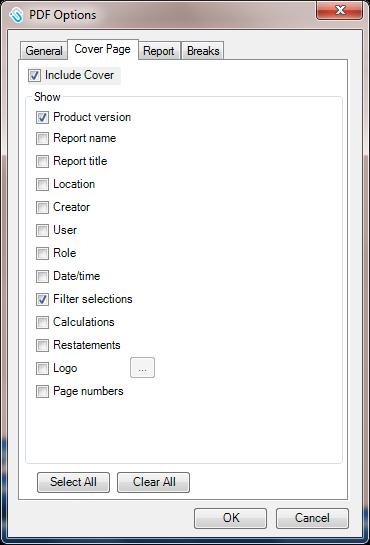 PDF Options The PDF Options icon has four tabs. Discuss your preferred default options with your report writer to enable these same options the next time you print.