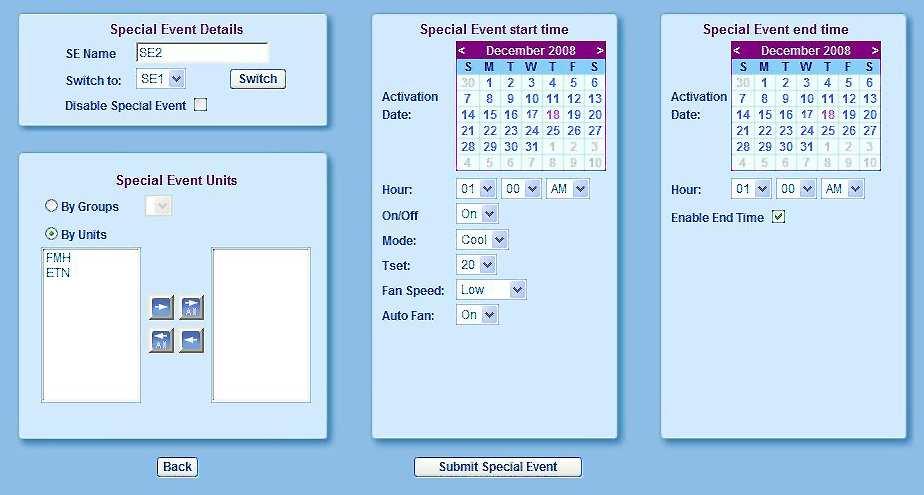 5.2. Create a new special event for thermostats From the options on the left, select both Units special event Manager