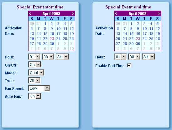 Choose actions for the special event o On the event pane select the start time and the thermostat properties for the current event. o On the right pane select the stop time (optional) for the event.
