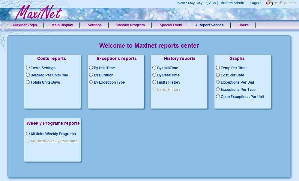 7. Reports 7.1. Open the reports window Press the button to open Maxinet reports center.