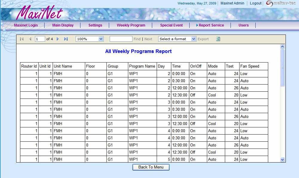 Weekly Programs is displayed. Exporting the table to Microsoft Excel enables the user sorting the data.