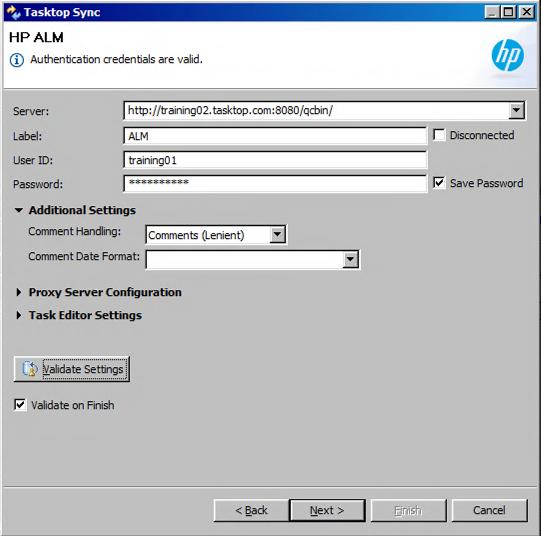 Figure 16: HP ALM Connection Details IMPORTANT: If you are using HP ALM and Quality center, please choose the strict option for the comment handling.