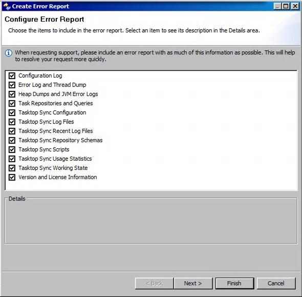 3. In the dialog that appears, select which components of the error report that should be included.