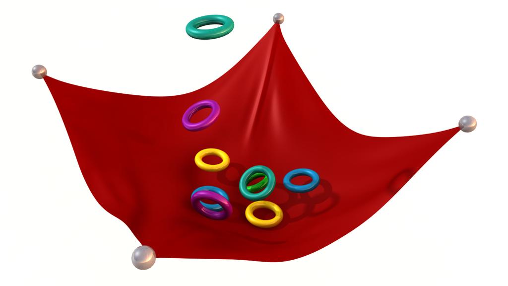 Figure 3: Scene demonstrating the two-way interaction of rigid and deformable bodies. A number of tori are falling onto a piece of cloth, thereby deforming it.