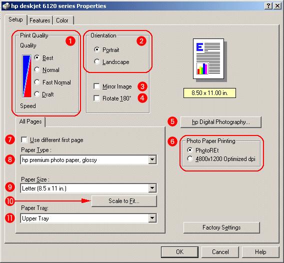 setup tab The Printer Properties dialog box may display an Apply button. The Apply button saves changes to settings without closing the dialog box. The Setup tab allows you to set these options: 1.