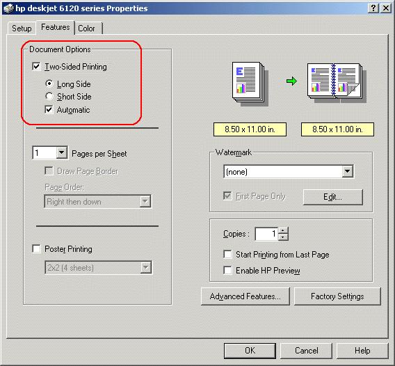 printing instructions Follow these instructions to print a two-sided document: 1. Open the Printer Properties dialog box, then select the Features tab. 2.