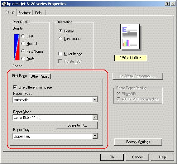 2. Open the Printer Properties dialog box. 3. Click the Use different first page checkbox. 4. Select the paper-type and paper size for the first page. 5. Select Upper in the Paper Tray box. 6.
