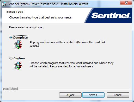 The Sentinel System Driver Installer now appears. Please select Next to proceed. The license agreement for Sentinel System Driver appears.