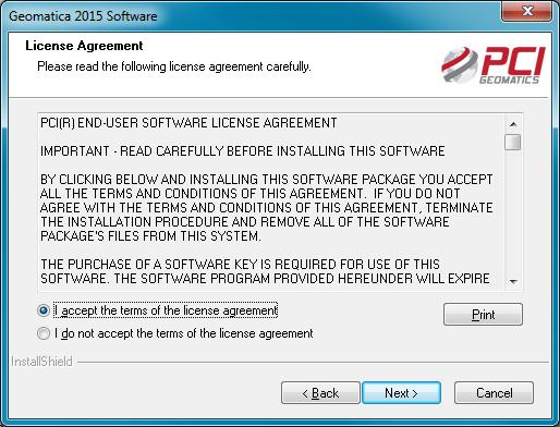 Click Next to proceed. The license agreement for Geomatica 2015 appears.