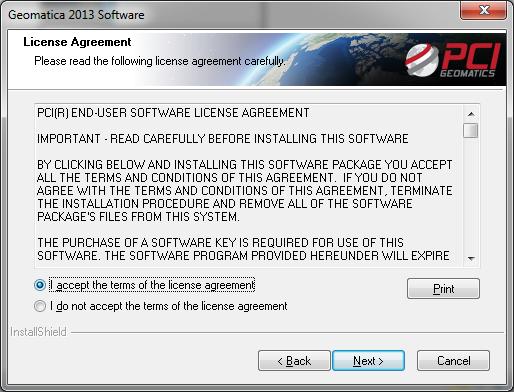 The Geomatica 2013 installation Wizard starts. Click Next to proceed. The license agreement for Geomatica 2013 appears.