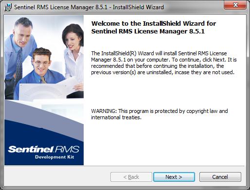 The Safenet Sentinel RMS License Server installation wizard appears.