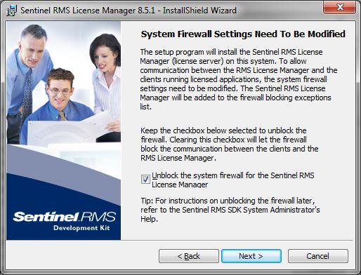 The Firewall Settings screen appears. In order for the license manager to communicate with the client, the Unblock the system firewall for the Sentinel RMS License Manager must be toggled on.