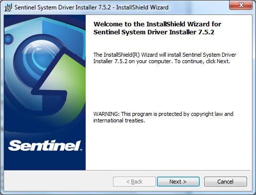 The Sentinel System Driver Installer welcome panel appears. Please select Next to proceed. The license agreement for Sentinel System Driver appears.
