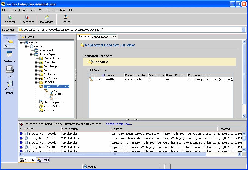 Administering VVR using VVR VEA 279 Working with VVR Figure 10-12 Right pane (Detailed view) The detailed view also contains a grid, which is a tabular display of the properties of the selected