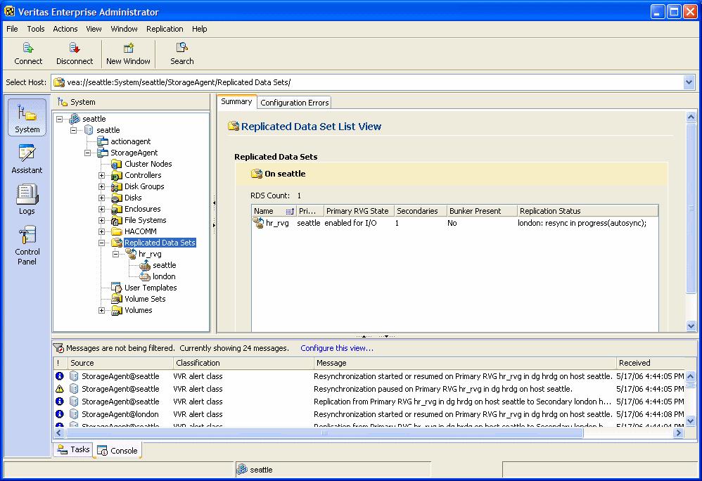 298 Administering VVR using VVR VEA Viewing replication information To view configuration errors, if any, in the RDS use the Configuration Errors tab.