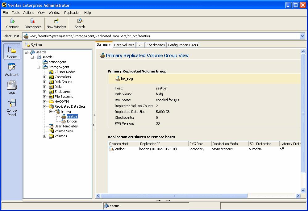 302 Administering VVR using VVR VEA Viewing replication information In the tree view, double-click the RDS name, and then select the Primary or Secondary host name.