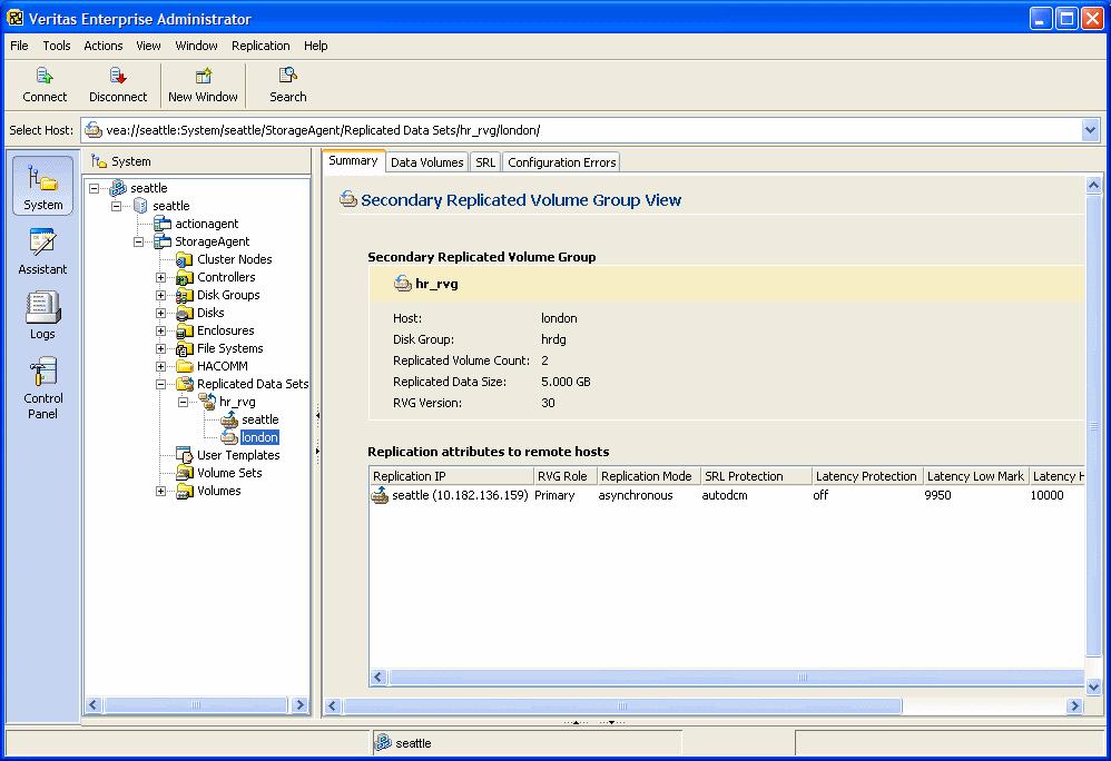 Administering VVR using VVR VEA 303 Viewing replication information The Secondary RVG view is identical to the Primary RVG view, except that the Secondary RVG view does not contain the Checkpoints