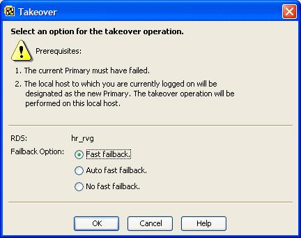322 Administering VVR using VVR VEA Taking over from an original Primary No fast failback If you choose this option, you must synchronize the original Primary after it becomes available.