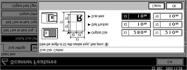 Preparations for Use as a Network Scanner 2 D Enter the scan size (area) with the number keys. Select and enter values for [X3] and [Y3], and then press the {#} key. Scan Size X3: 10-432 mm (0.4-17.