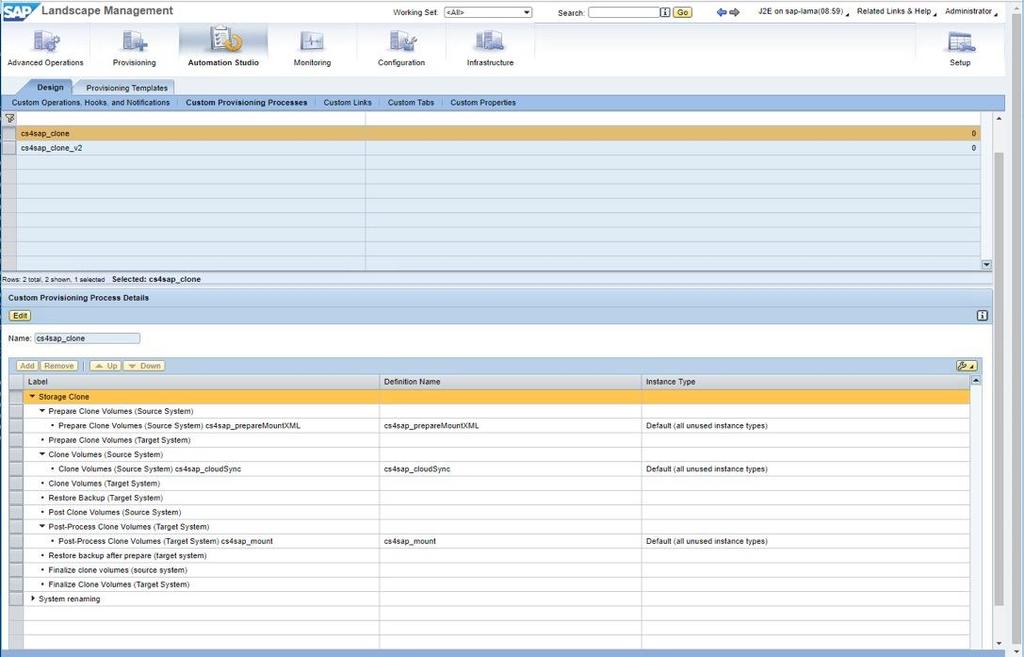 In SAP LaMa, a custom provisioning workflow is configured that orchestrates all required steps, including system shutdown, data transfer using Cloud Sync API calls, and system startup at the target