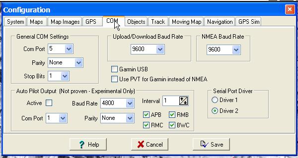 Manually configure the COM port and other navigation setting specific to your GPS receiver.