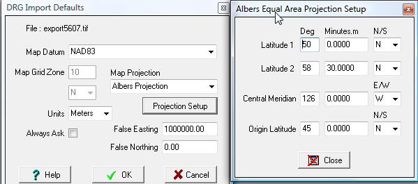 In case of an image projected in BC albers, select Albers Projection and change settings as indicated below by clicking on the Projection Setup button in the DRG Import Defaults window.