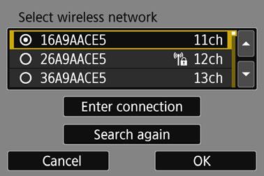Manual Connection by Searching Networks 4 Select [Find network]. Press the <W> <X> keys to select [Find network], then press <0>. Select [OK] and press <0> to go to the next screen.