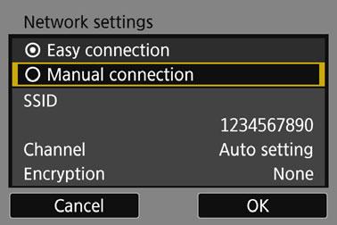 Setting Network Manually Set the network settings for the camera access point mode manually. Set [SSID], [Channel setting], and [Encryption settings] on each screen displayed.
