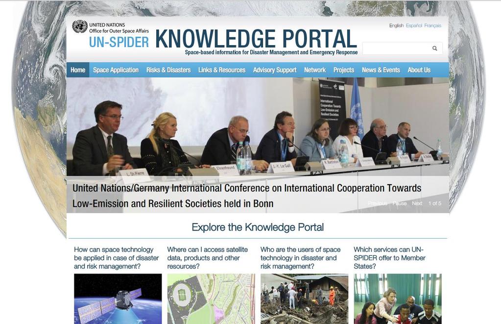 UN-SPIDER Knowledge Portal In a nutshell: a gateway to space-based information 1. Examples regarding how space technologies are used in disaster risk reduction and emergency response efforts; 2.