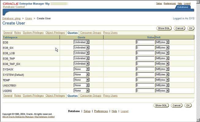 Agile e6 4. Click on the General tab and insert a user name and password and assign default and temporary tablespace. 5.