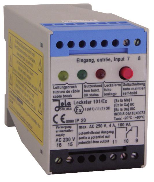 Leckstar 101/Ex I (M1) / II (1) GD [Ex ia Ma] I / [Ex ia Ga] IIC / [Ex ia Da] IIIC conductive Ex electrode relay with cable break monitoring feature and switchable self-hold for connection of 1