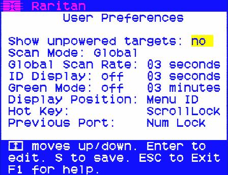 The User Preferences Menu lets you set your personal preferences for MasterConsole Z operation. Figure 13 User Preferences Screen 1. Navigate to fields you want to edit using the,,, or keys. 2.