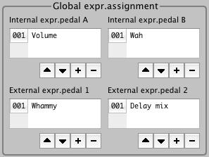 The default behavior of each expression pedal is defined by adding a pedal setup to its global assignment list. Each assignment list can contain multiple pedal setups.