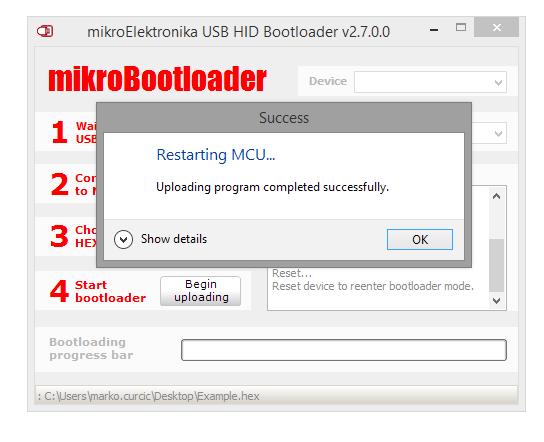 step 5 Finish upload 0 Restarting MCU mikrobootloader ready