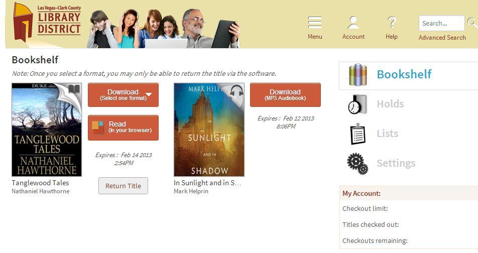 You can also get to your Bookshelf by clicking on Account from the home page once you are