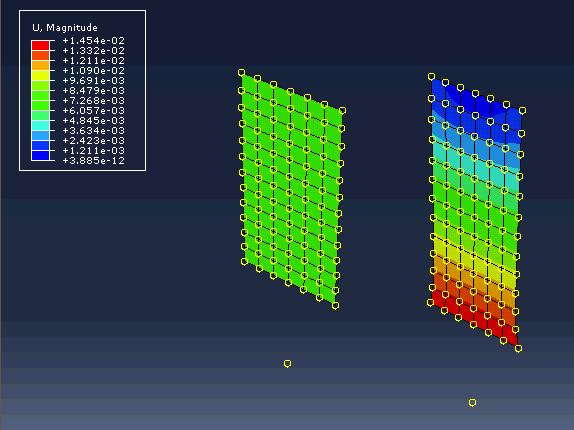 Figure 3.6. A screenshot of a simulated rubber strip in Abaqus before (left) and after (right) a force of.02 N has elongated it. Figure 3.7.