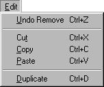 File Menu Menu Entry Keystroke What It Does Print Setup (PC) Page Setup (Mac) Print Edit menu Options on the Edit pull-down menu allow you to perform standard editing tasks, such as cutting, copying,