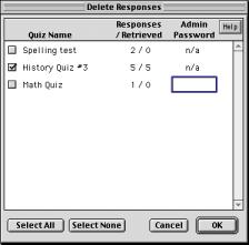 3. QuizManager will search for quizzes on the connected AlphaSmarts, then display the Delete Responses window. Delete Responses Window 4.