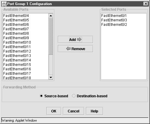 Creating EtherChannel Port Groups Chapter 4 Figure 4-5 Port Group Configuration Select Source-based when connecting to a router or other single-mac address device. Select a maximum of 8 ports.