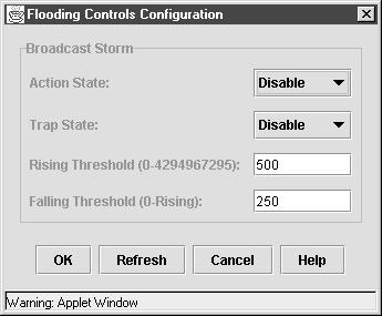 Configuring Flooding Controls Chapter 4 Figure 4-9 Flooding Controls Configuration Pop-up Enable or disable storm control. Enable to send a trap when storm control starts and stops.