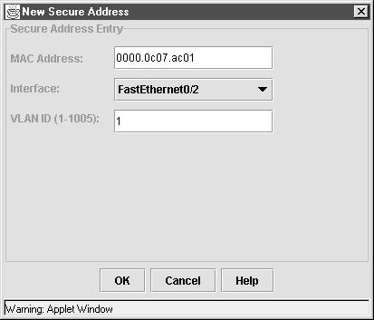 Managing the MAC Address Tables Chapter 4 Figure 4-25 New Secure Address Enter a secure MAC address for a port. Secure the port on the Port Security Page.