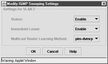 Chapter 4 IGMP Snooping Figure 4-31 Modify the IGMP Snooping Settings Enable or disable IGMP snooping. Enable or disable Immediate Leave. Select pim-dvmrp or cgmp.