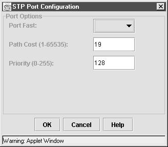 Configuring the Spanning Tree Protocol Chapter 4 Figure 4-44 STP Port Configuration Pop-up 29736 You can modify the following parameters and enable the Port Fast feature by selecting a row on the