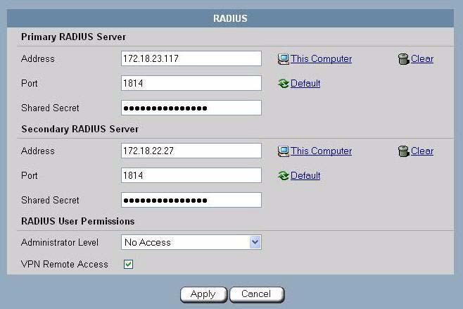 Defining Endpoint Security as the RADIUS Server on To define Endpoint Security as the RADIUS server: 1 In the Safe@Office administration console, select Users and click the RADIUS tab.