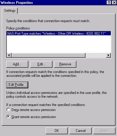 Configuring Endpoint Security Access to the RADIUS 2 Right-click Connections to Microsoft Routing and Remote Access server and choose Properties. The Wireless Properties window appears.