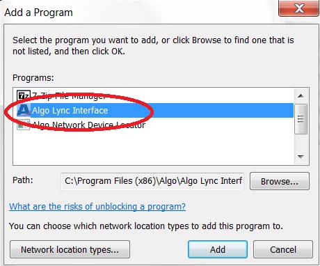 3. In the Add a Program window, select Algo Lync Interface and click