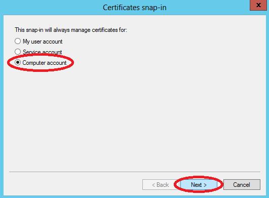 iii. In the Certificate span-in, choose Computer account, and click Next iv.
