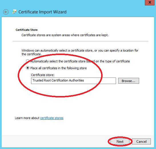 Enter the location of the certnew certificate in the Browse field and click Next x.